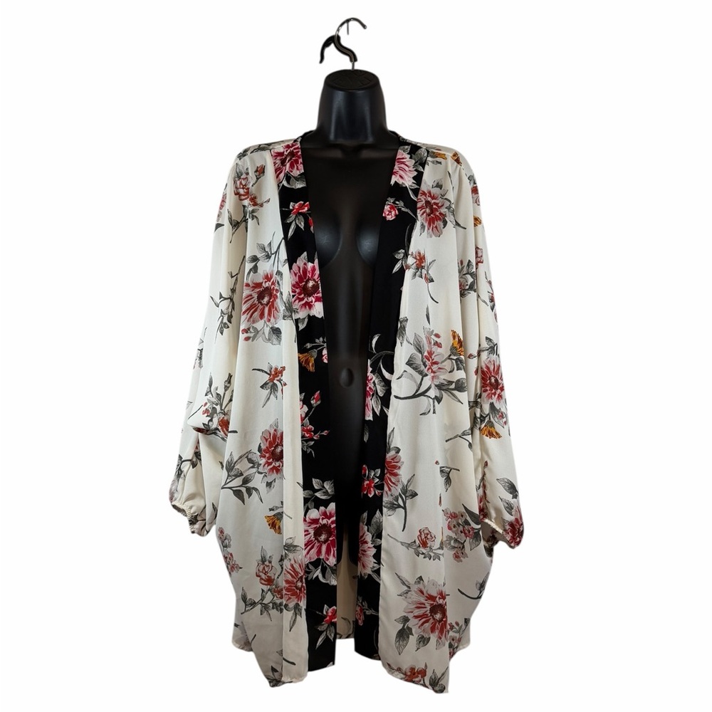 Potter’s Pot Cream Multi Color Floral Open Front Flyaway Kimono Cardigan Sz L